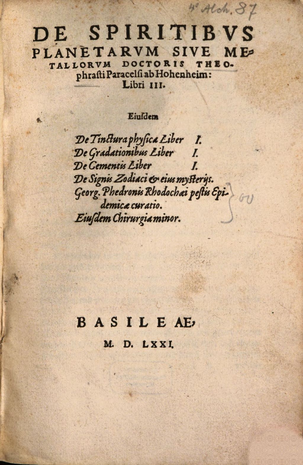 Cover of De Spiritibvs Planetarvm Sive Metallorvm Doctoris Theophrasti Paracelso ab Hohenheim