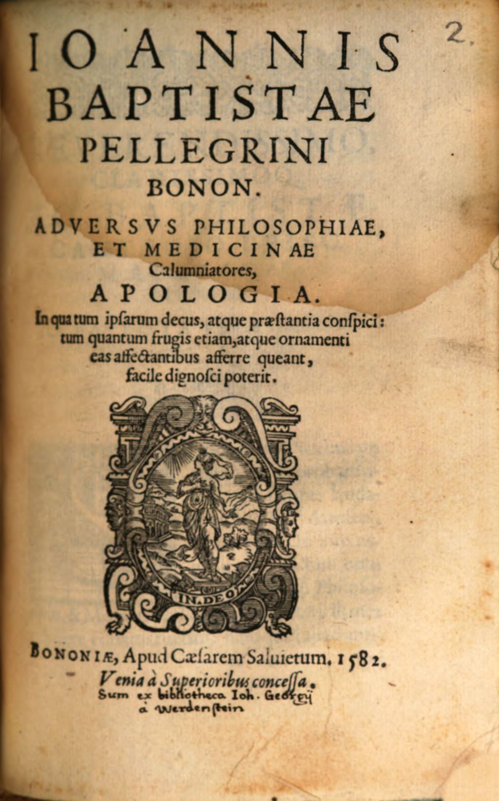 Cover of Ioannis Baptista Pellegrini Adversus philosophiae et medicinae calumniatores, apologia