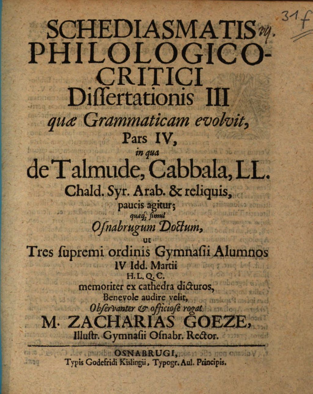 Cover of Schediasmatis philologico-critici dissertationis III quae grammaticam evolvit, pars IV, in qua de Talmude, Cabbala , LL. Chald. Syr. Arab. & reliquis, paucis agitur