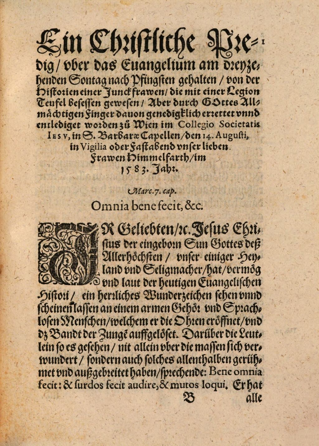Cover of Christliche Erinnerung Bey der Historien von jüngst beschehener Erledigung einer Junckfrawen, die mit zwölfftausent sechs hundert zwey vnd fünfftzig Teufel besessen gewesen