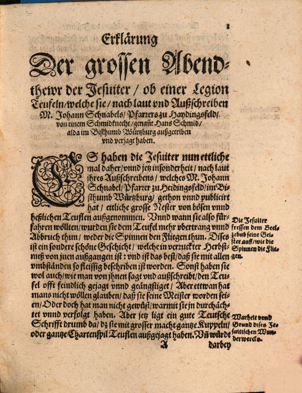 Cover of Erklärung des grossen Abentheurlichen Abentheurs, Welches die Würtzburgische Jesuiter ... in einem beseßnen Schmidknecht zu Heidingsfeld, im Bistumb Würtzburg, getriben