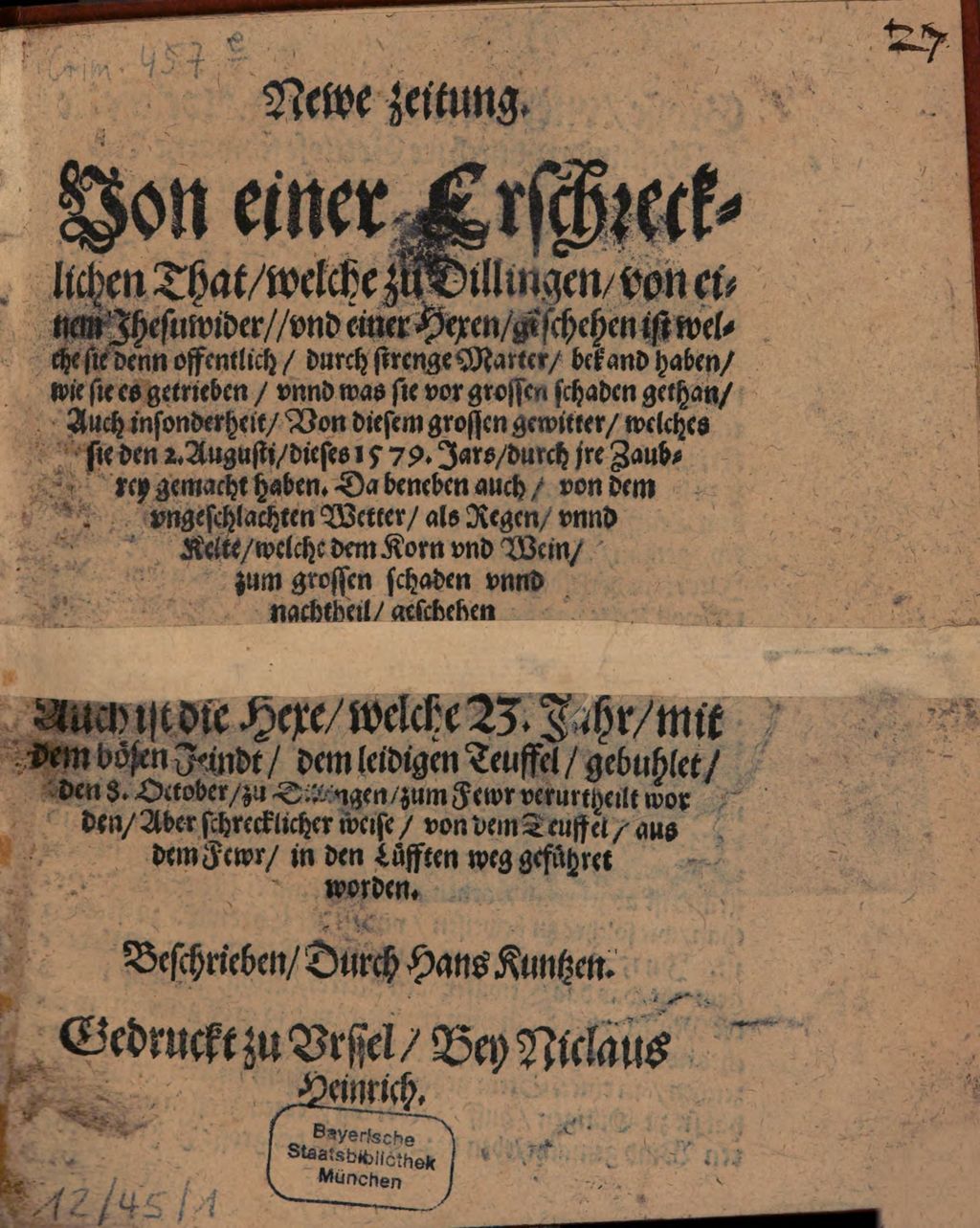Cover of Newe Zeitung von einer Erschrecklichen That, welche zu Dillingen, von einem Jhesuwider, und einer Hexen geschehen ist
