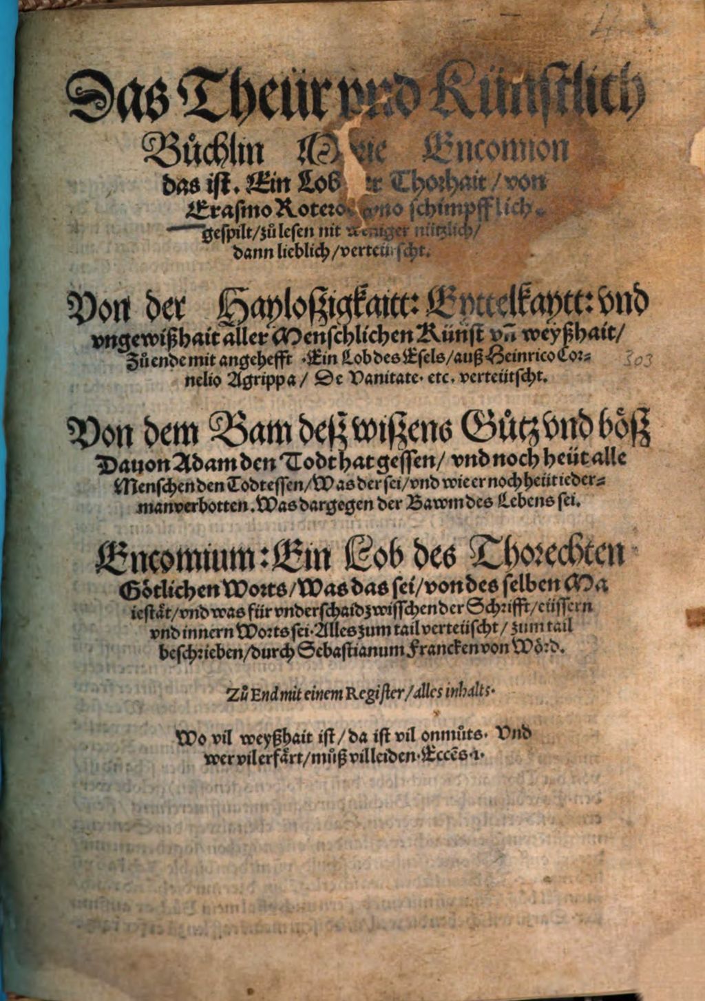 Cover of Das Theür und Künstlich Büchlin Morie Encomion, das ist Ein Lob der Thorhait