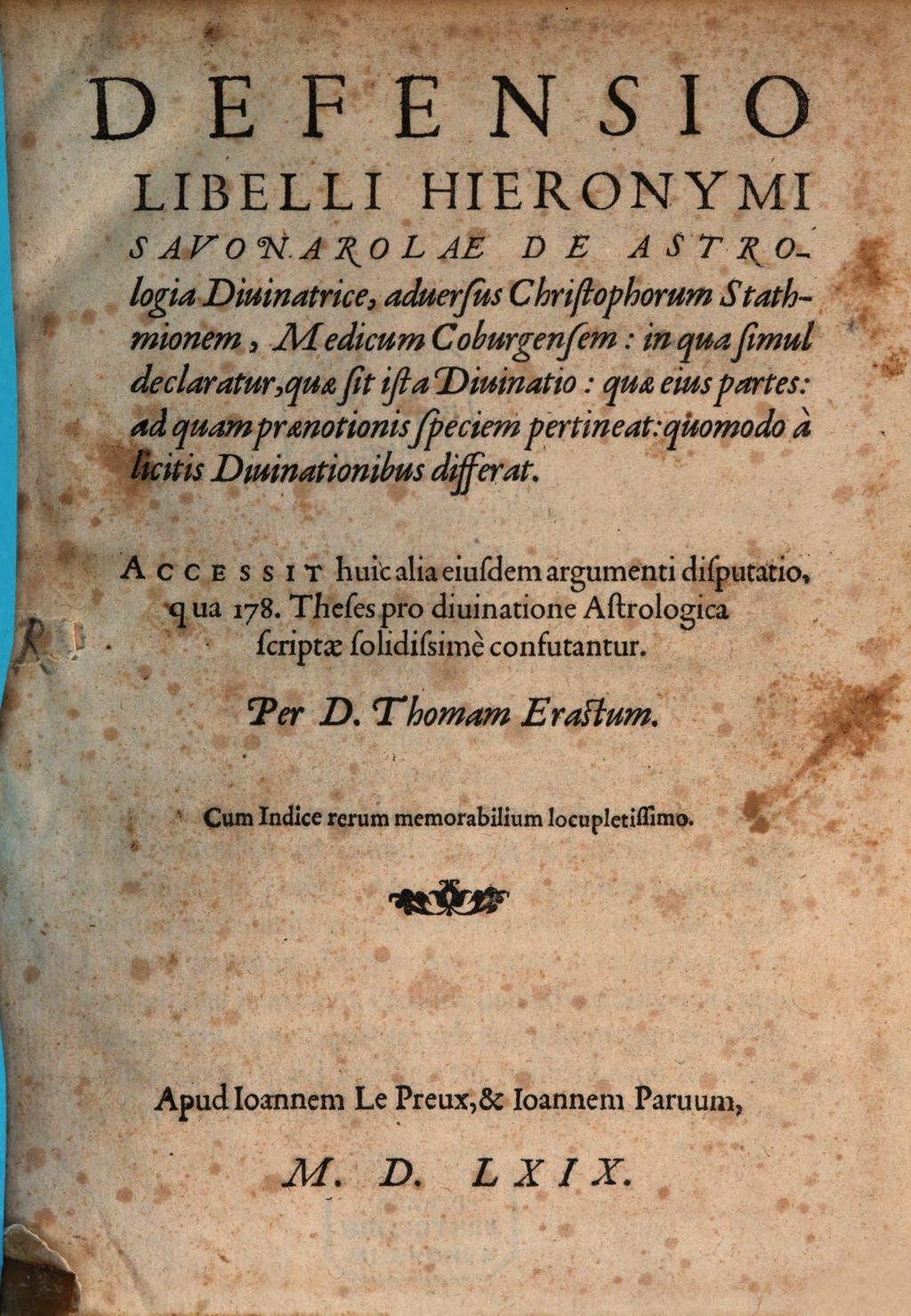Cover of Defensio libelli Hieronymi Savonarolae de astrologia divinatrice
