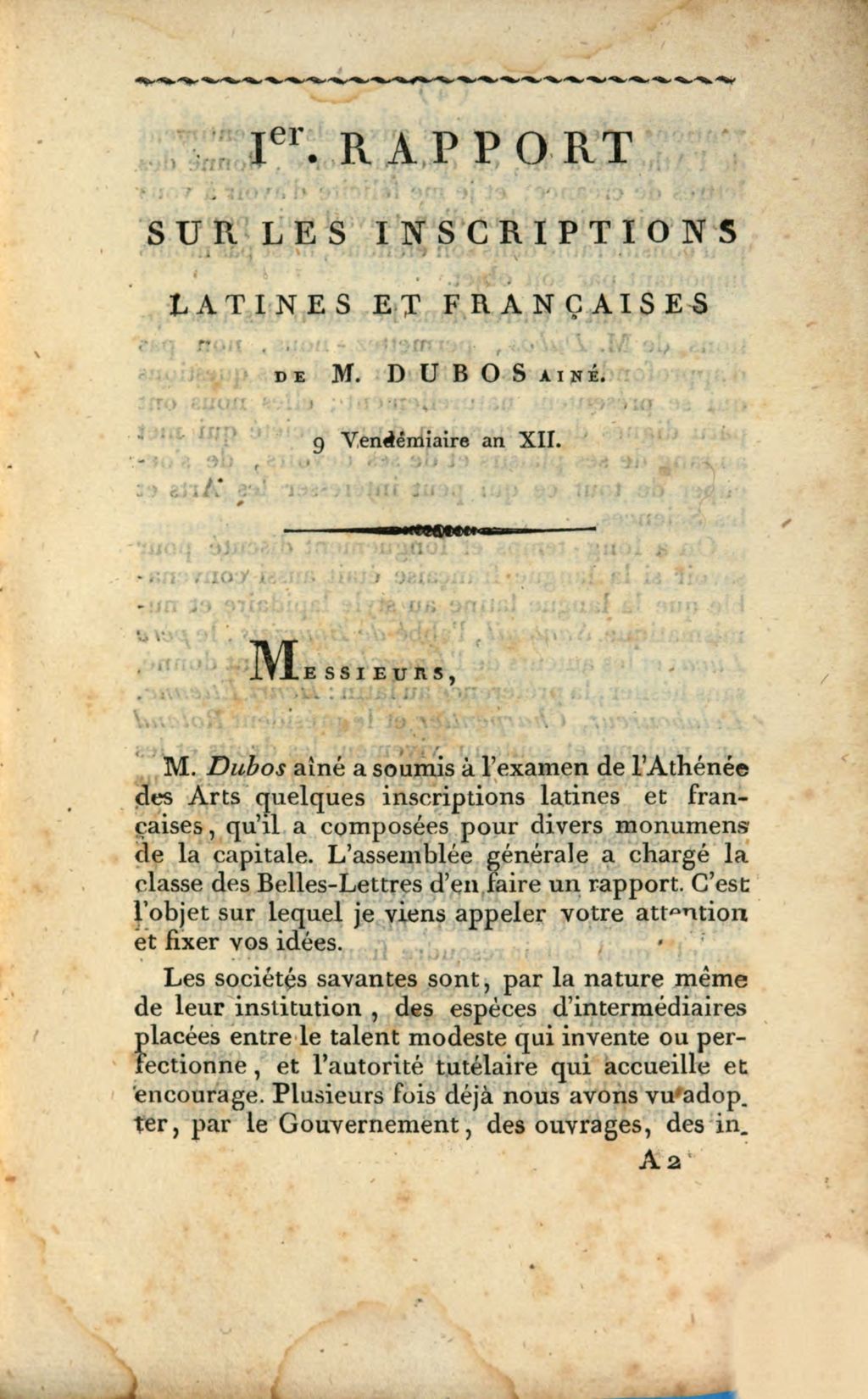 Cover of Ier. Rapport lu dans la 70e Séance publique de l'Athénée des Arts, sur les inscriptions françaises et latines de Mr. Dubos Ainé