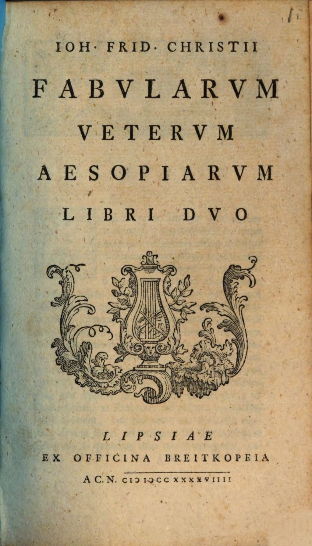 Cover of Ioh. Frid. Christii Fabvlarvm Vetervm Aesopiarvm Libri Dvo