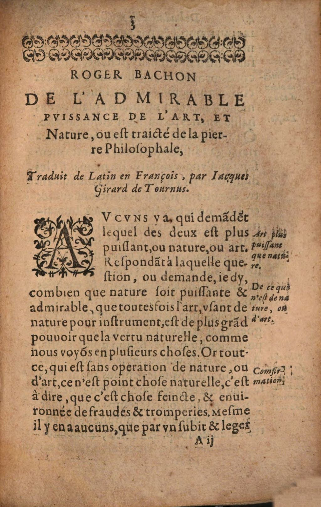Cover of De l'admirable pouvoir et puissance de l'art et de nature ou est traicté de la pierre philosophale