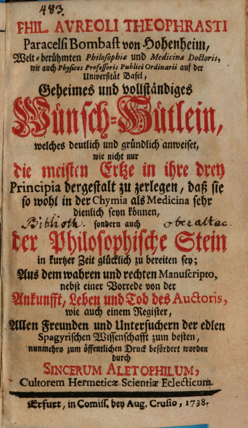 Cover of Phil. Avreoli Theophrasti Paracelsi Bombast von Hohenheim, Welt-berühmten Philosophiæ und Medicinæ Doctoris, wie auch Physices Professoris Publici Ordinarii auf der Universität Basel, Geheimes und vollständiges Wünsch-Hütlein