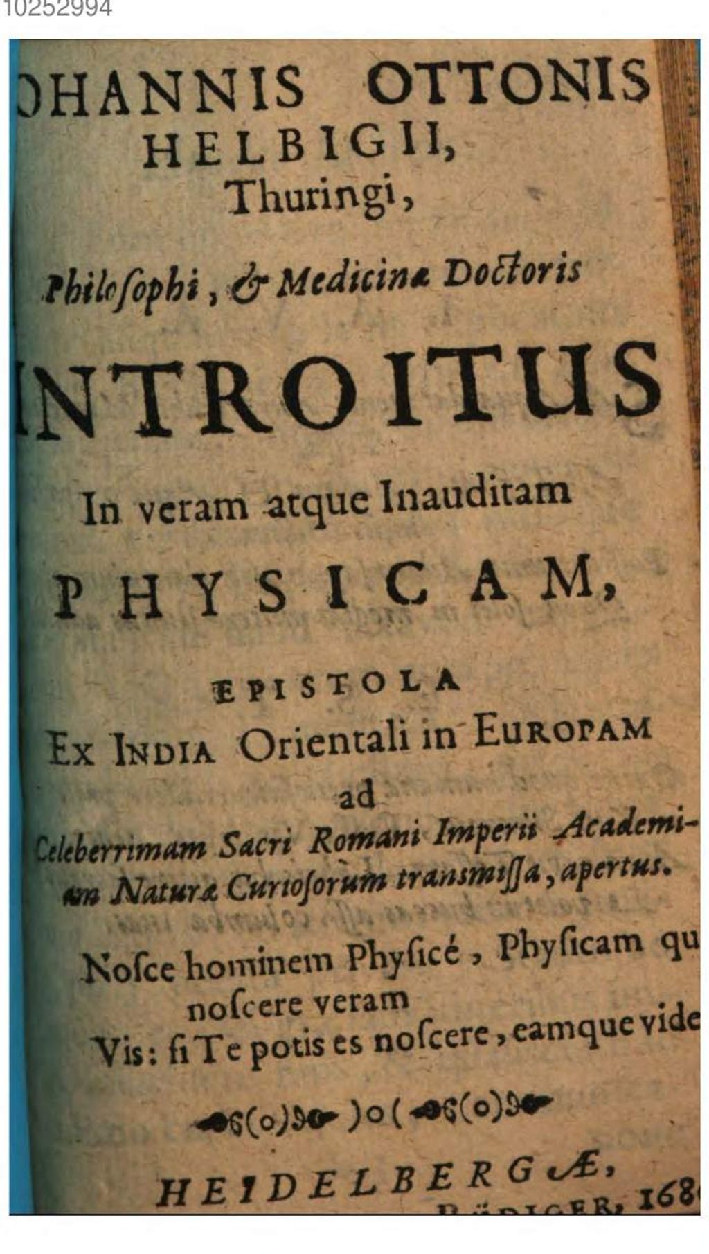Cover of Johannis Ottonis Helbigii, Thuringi, Philosophi & Medicinae Doctoris Introitus In veram atque Inauditam Physicam