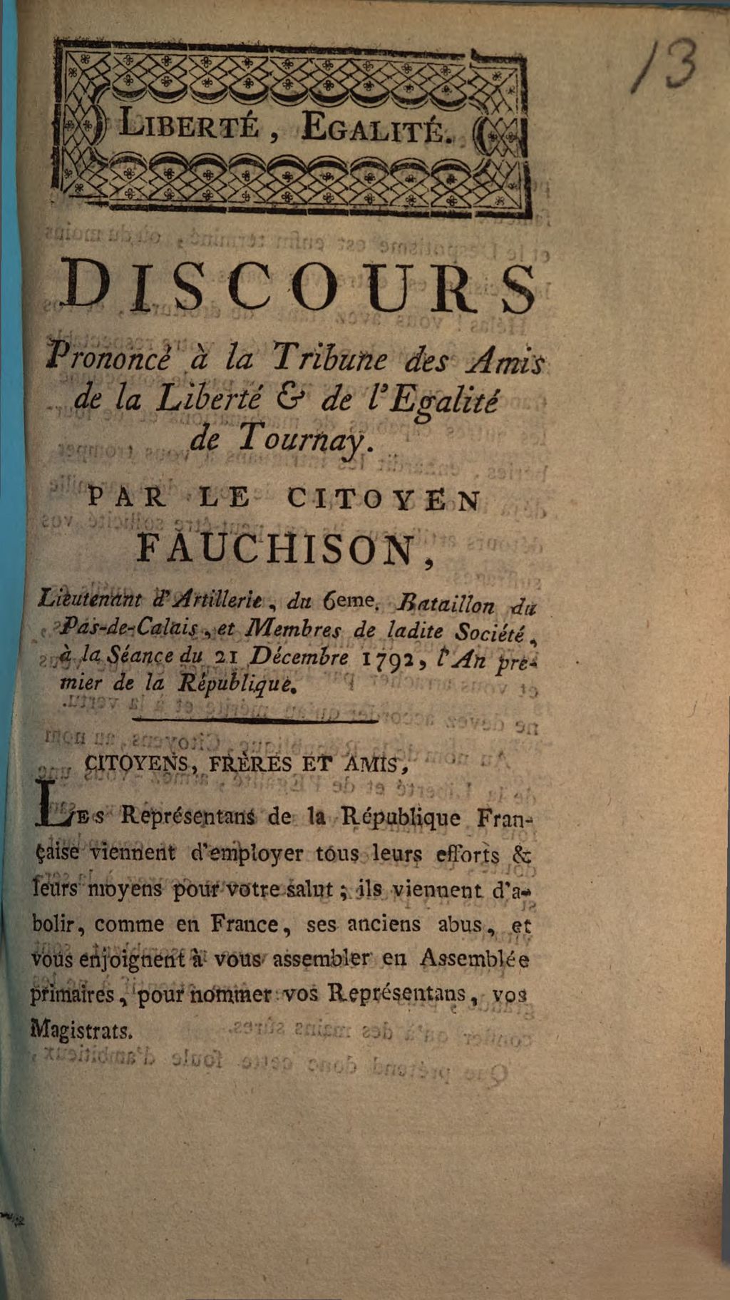 Cover of Discours Prononcé à la Tribune des Amis de la Liberté & de l'Égalité de Tournay