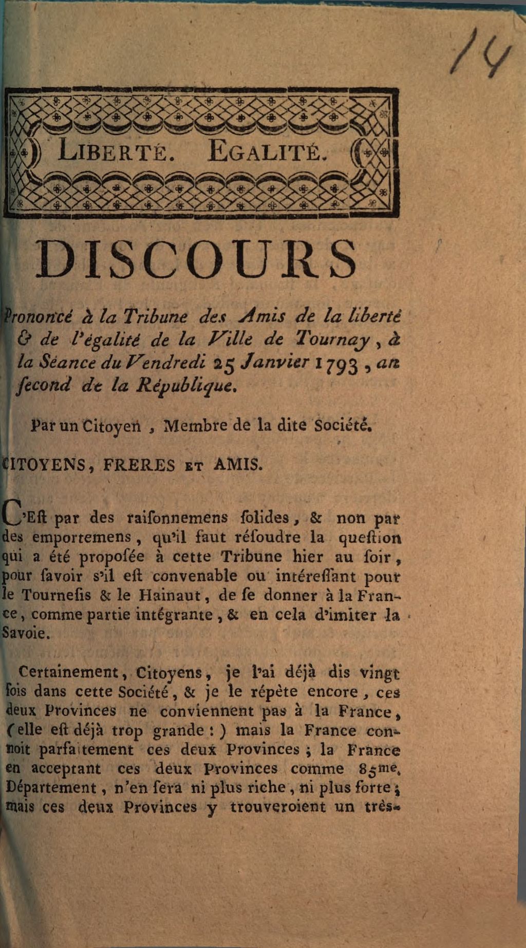 Cover of Discours à la Tribune des Amis de la Liberté & de l'égalité de la Ville de Tournay, á la Séance du Vendredi 25 Janvier 1793, an second de la République