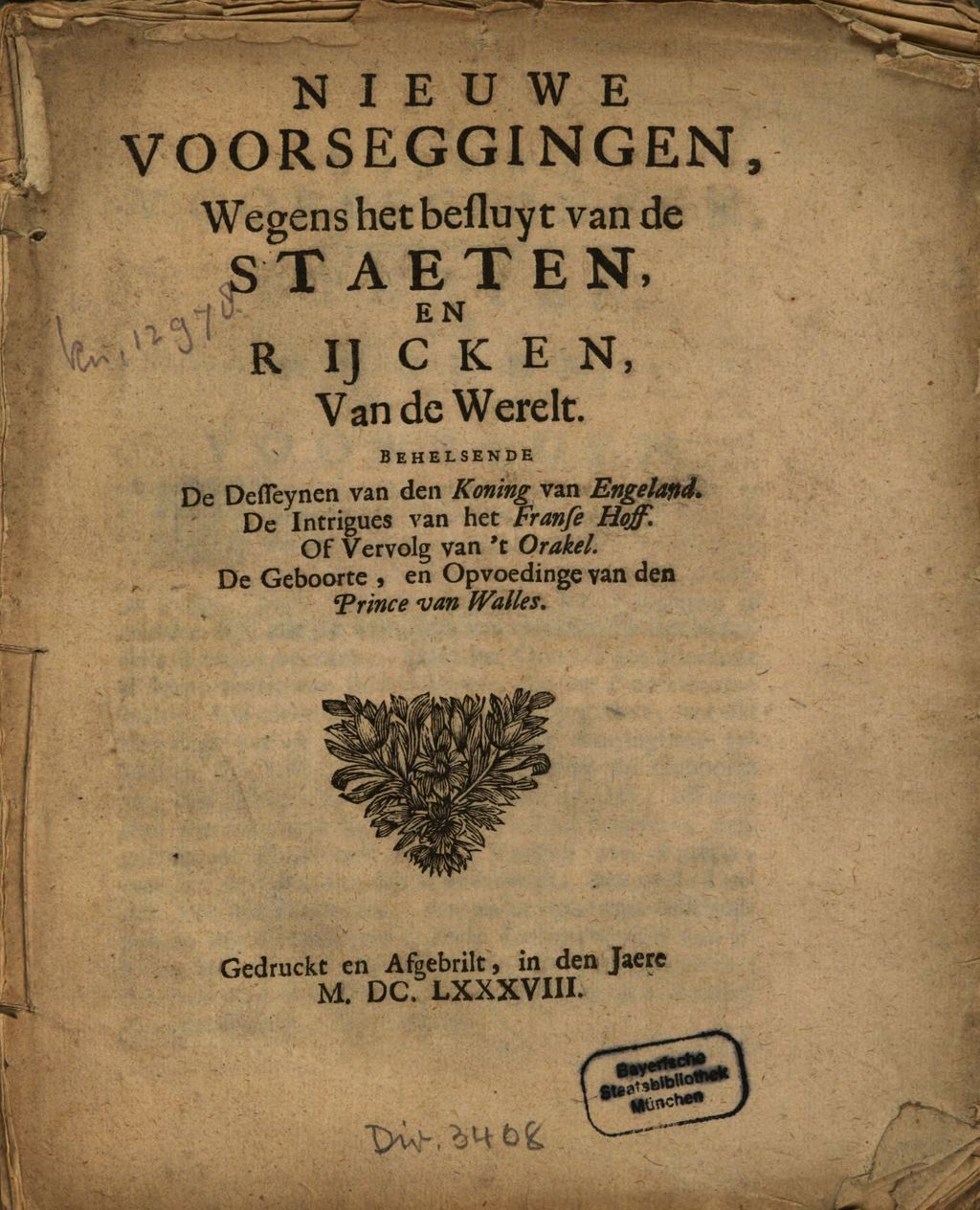 Cover of Nieuwe Voorseggingen, Wegens het besluyt van de Staeten, En Rijcken, Van de Werelt