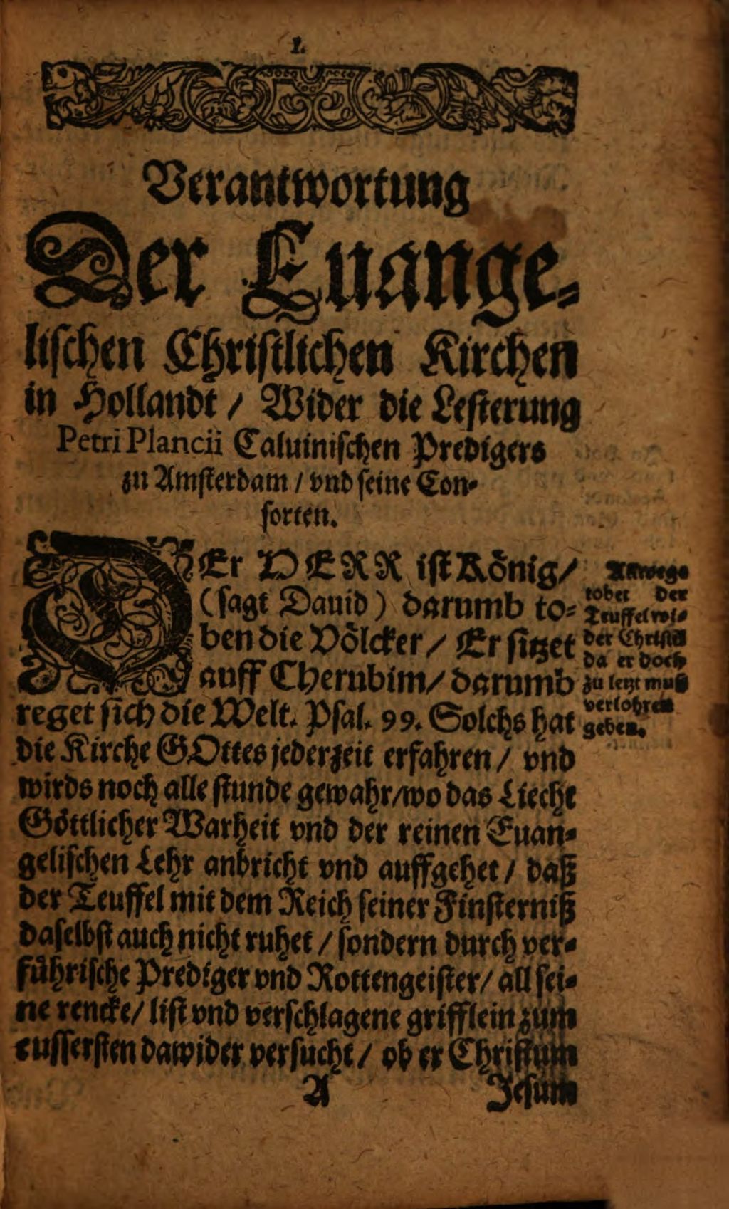 Cover of Verantwortung der Euangelischen Kirchen in Hollandt, wider die Lästerung Petri Plancii Caluinischen Predigers zu Amsterdam vnd seiner Consorten