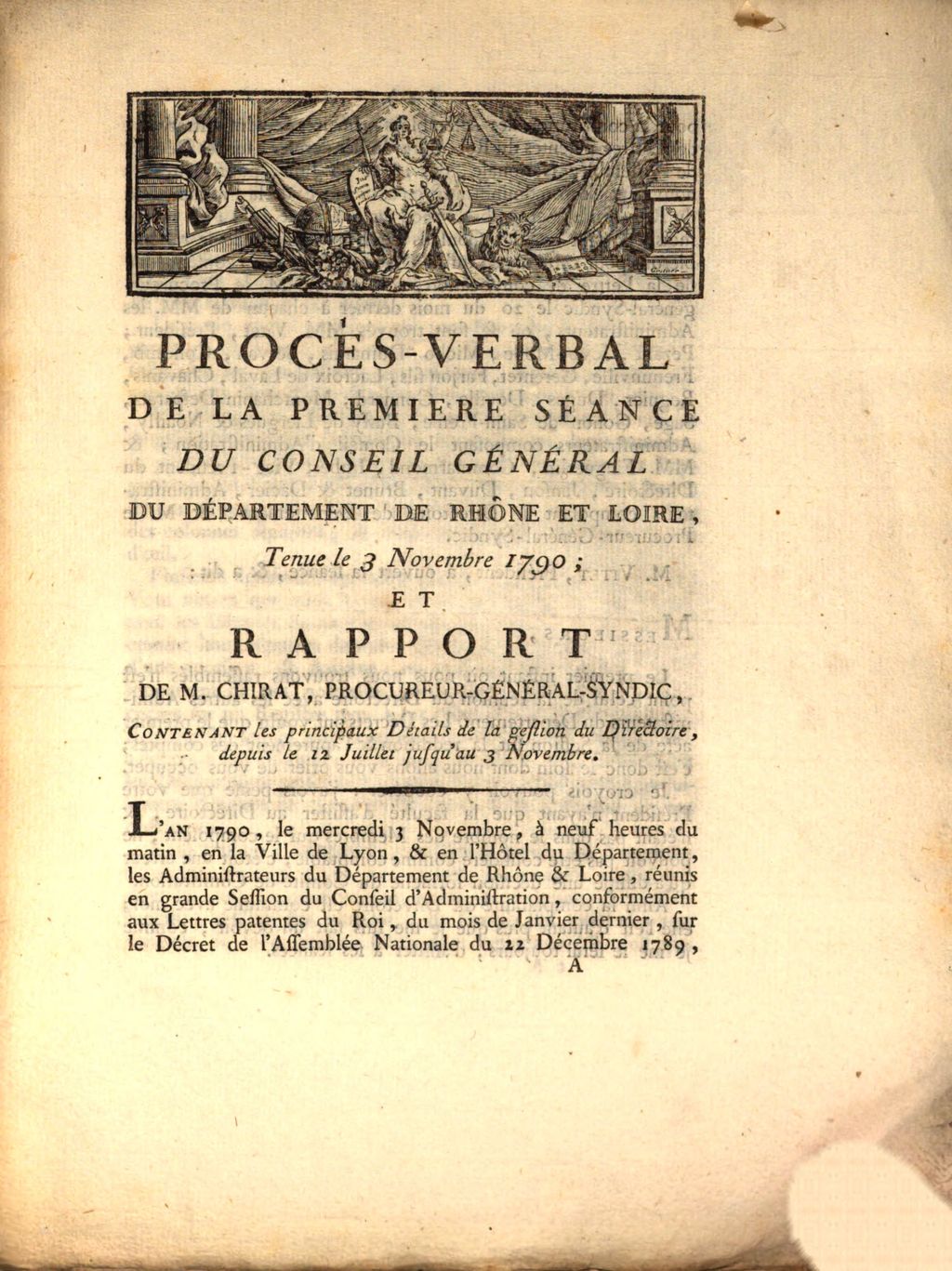 Cover of Procès-Verbal de la premiere séance du Conseil Général du Département de Rhône et Loire