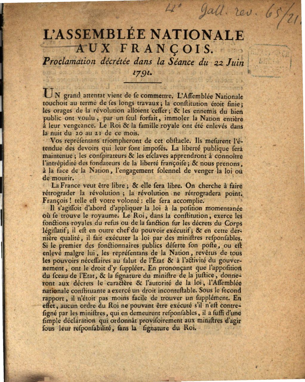 Cover of L'Assemblée Nationale Aux François. Proclamation décrétée dans la Séance du 22 Juni 1791
