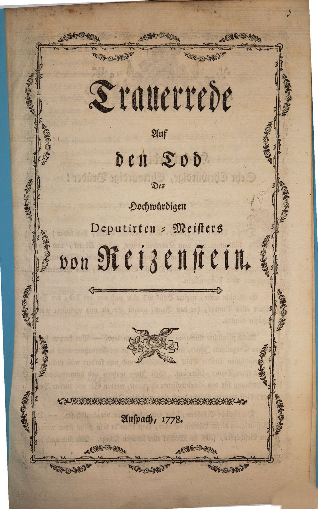 Cover of Trauerrede auf den Tod des Hochwürdigen Deputirten-Meisters von Reizenstein