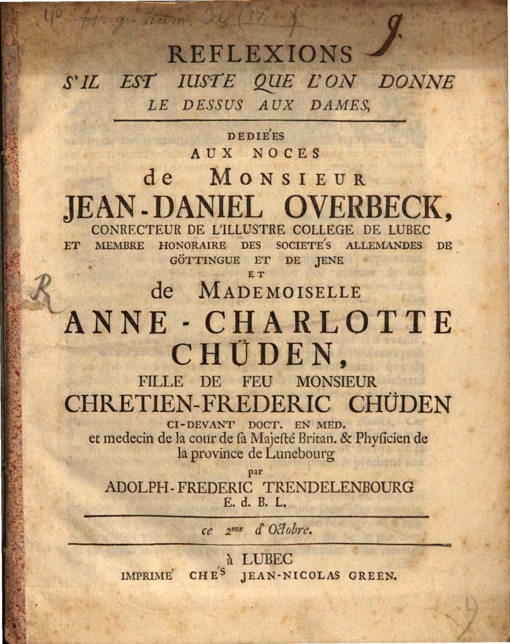 Cover of Reflexions, S'Il Est Juste Que L'On Donne Le Dessus Aux Dames