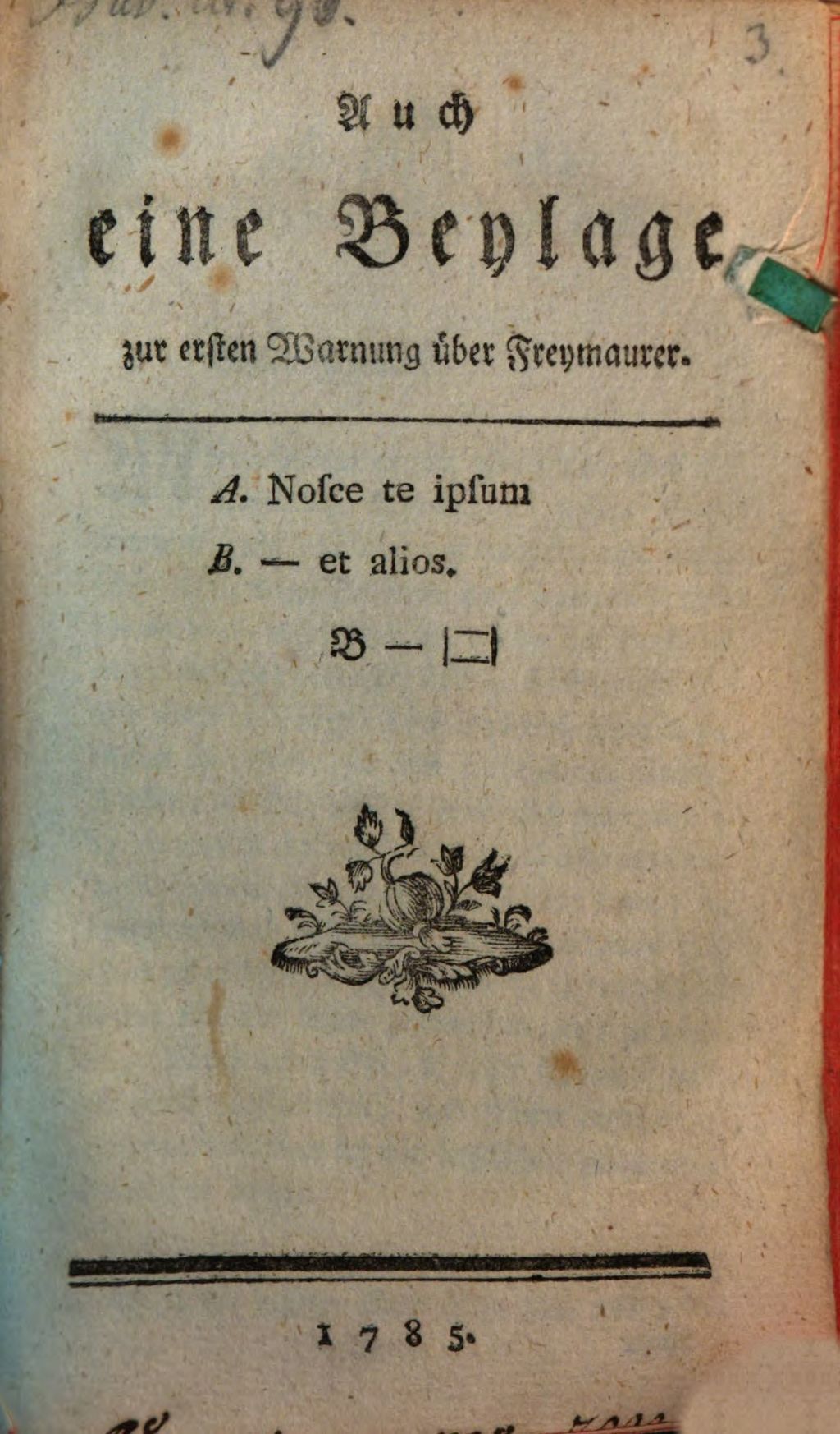 Cover of Auch eine Beylage zur ersten Warnung über Freymaurer