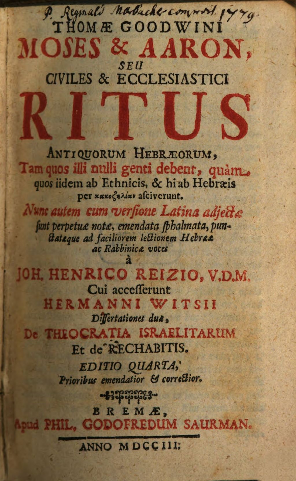 Cover of Thomae Goodwini Moses & Aaron, Seu Civiles & Ecclesiastici Ritus Antiquorum Hebraeorum
