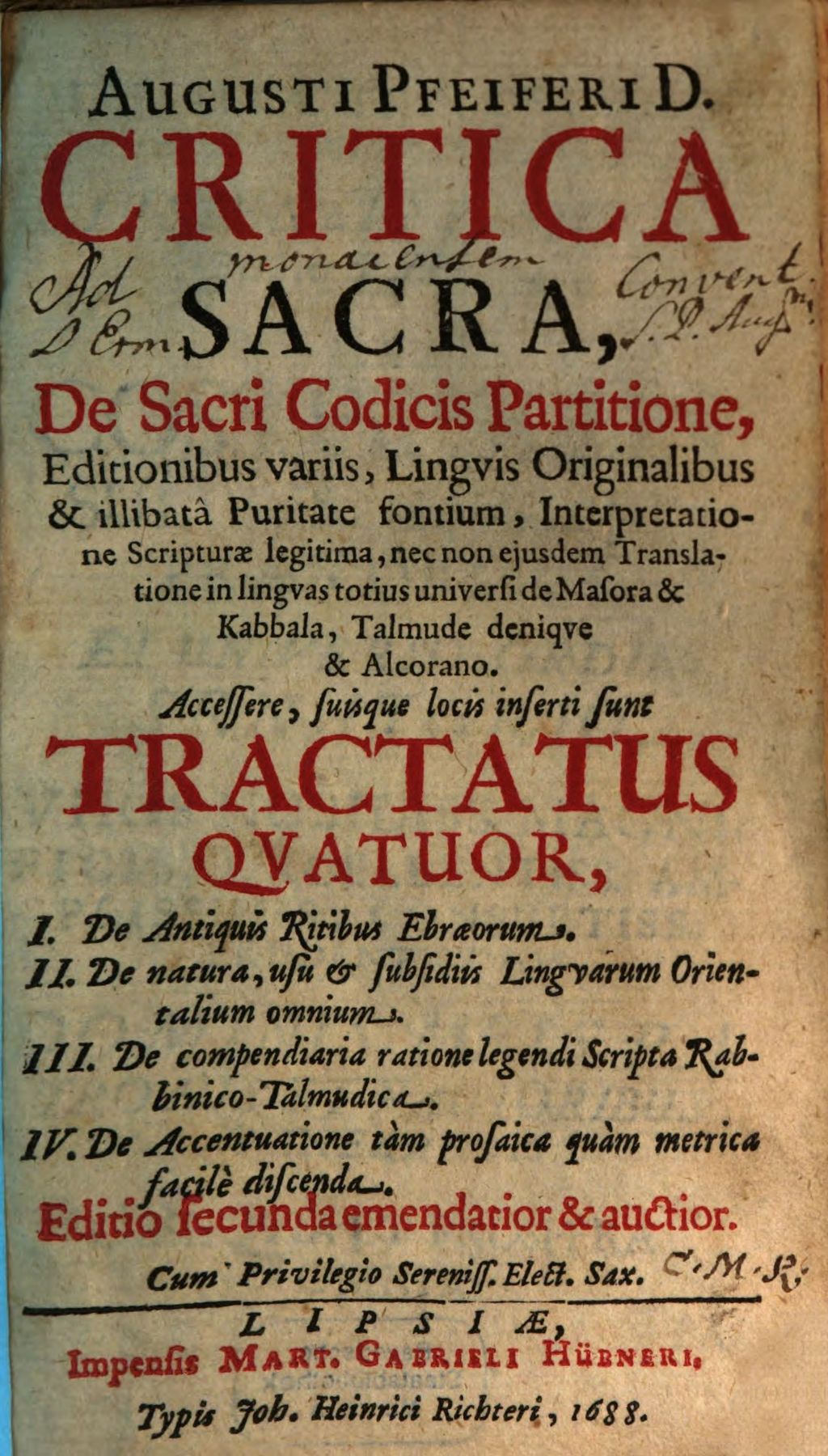 Cover of Augusti Pfeiferi D. Critica Sacra, De Sacri Codicis Partitione, Editionibus variis, Lingvis Originalibus & illibata Puritate fontium, Interpretatione Scripturæ legitima, nec non ejusdem Translatione in lingvas totius universi de Masora & Kabbala , Talmude deniqve & Alcorano