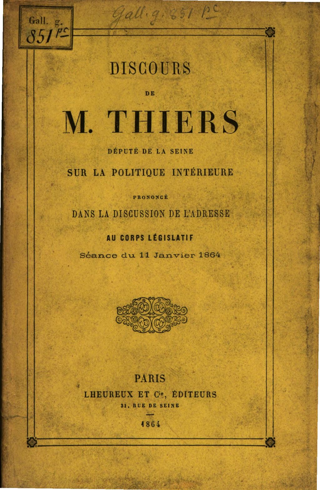 Cover of Discours de M. Thiers sur la politique intérieure