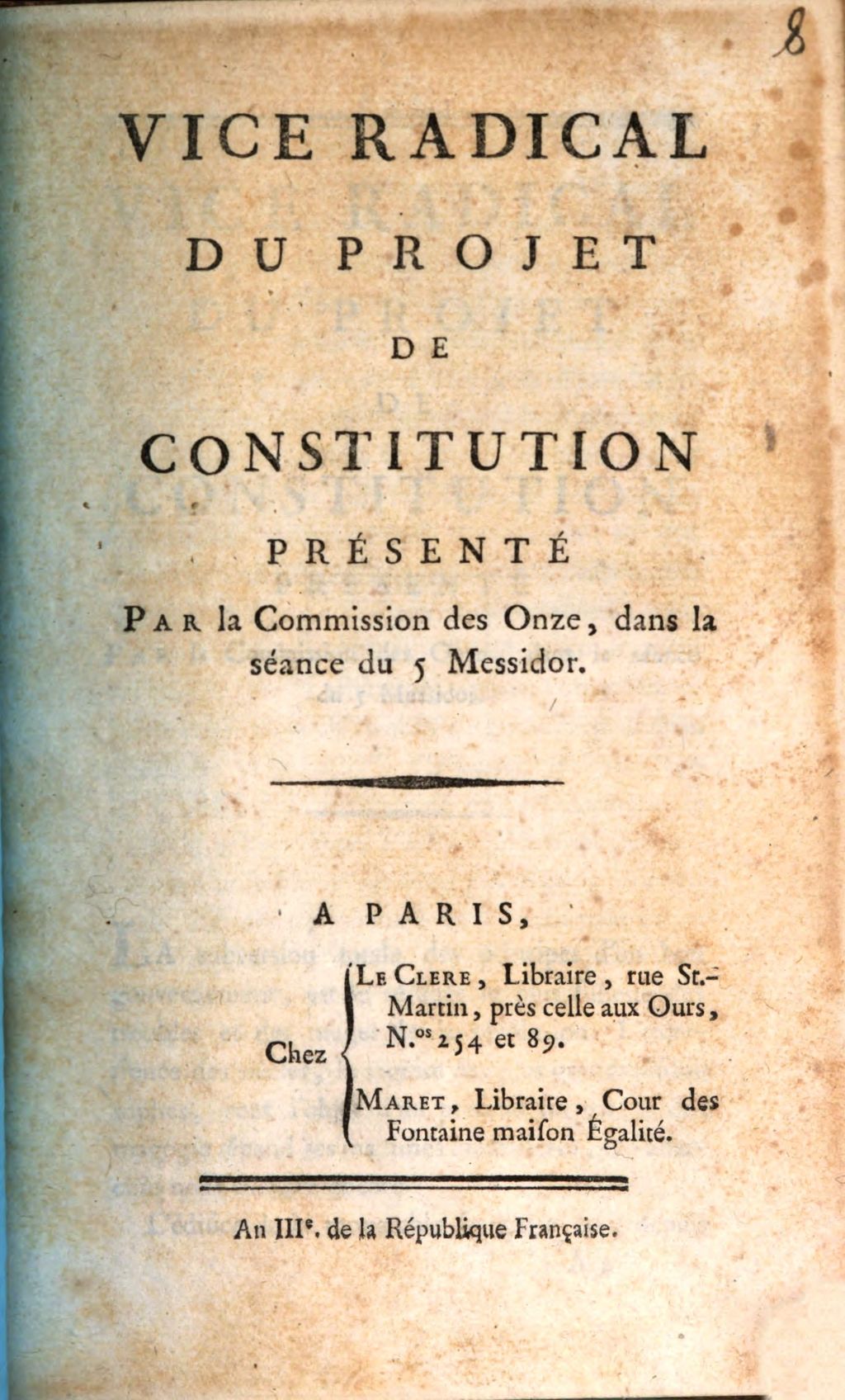 Cover of Vice radical du projet de Constitution présenté par la Commission des Onze, dans la séance du 5 Messidor