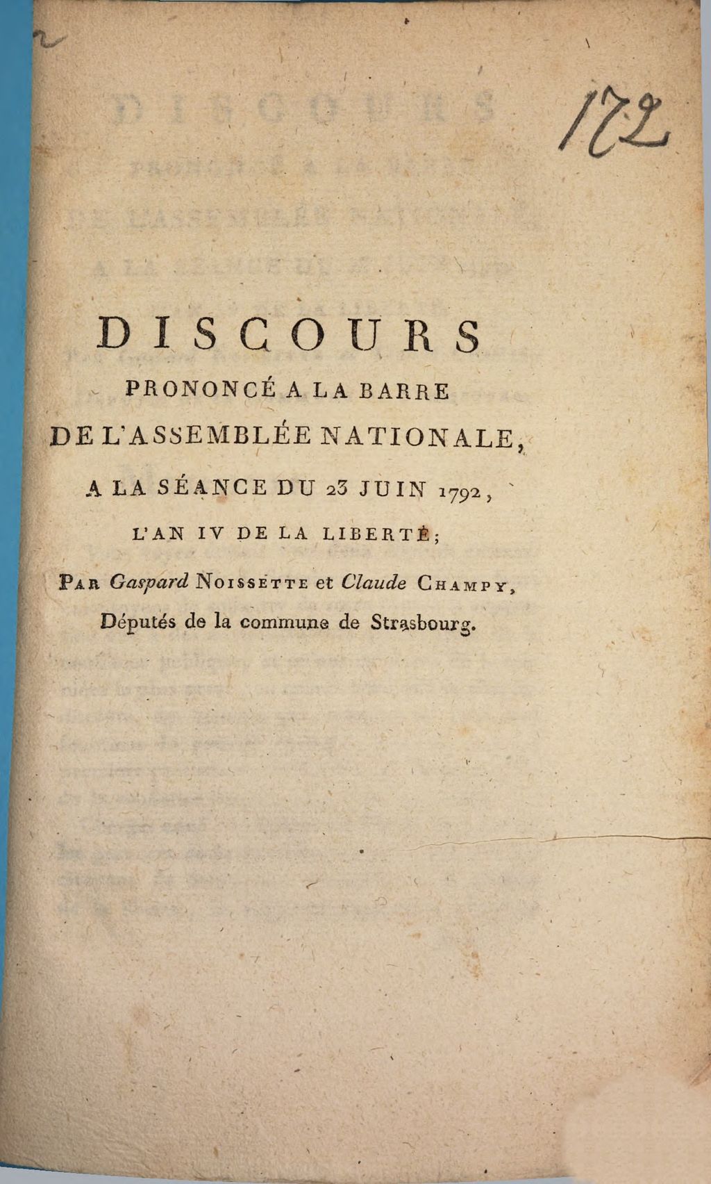 Cover of Discours prononcé à la barre de l'Assemblée Nat. à la séance du 23 Juin 1792