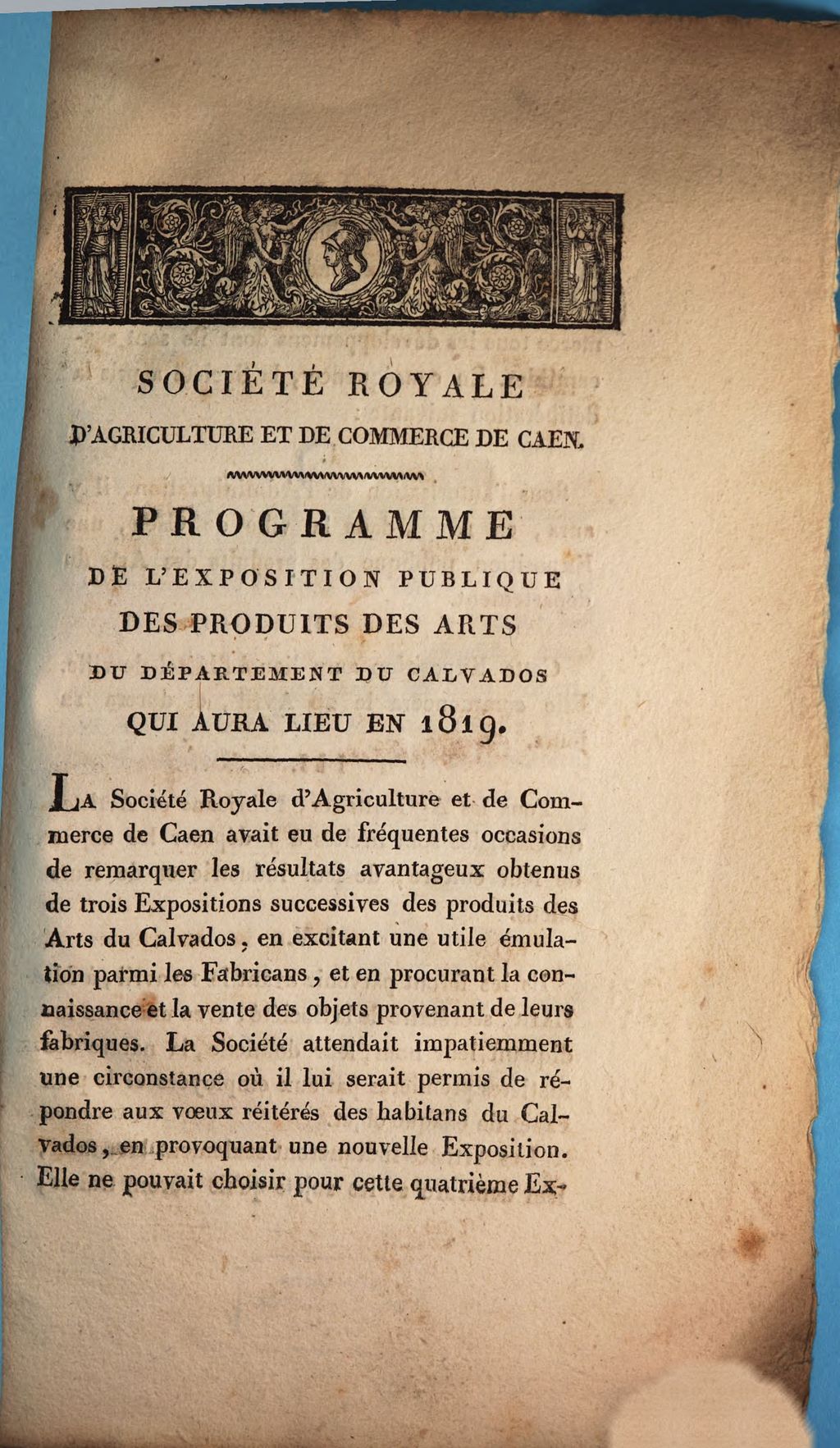 Cover of Programme de l'exposition publique des produits des arts du département du Calvados qui aura lieu en 1819