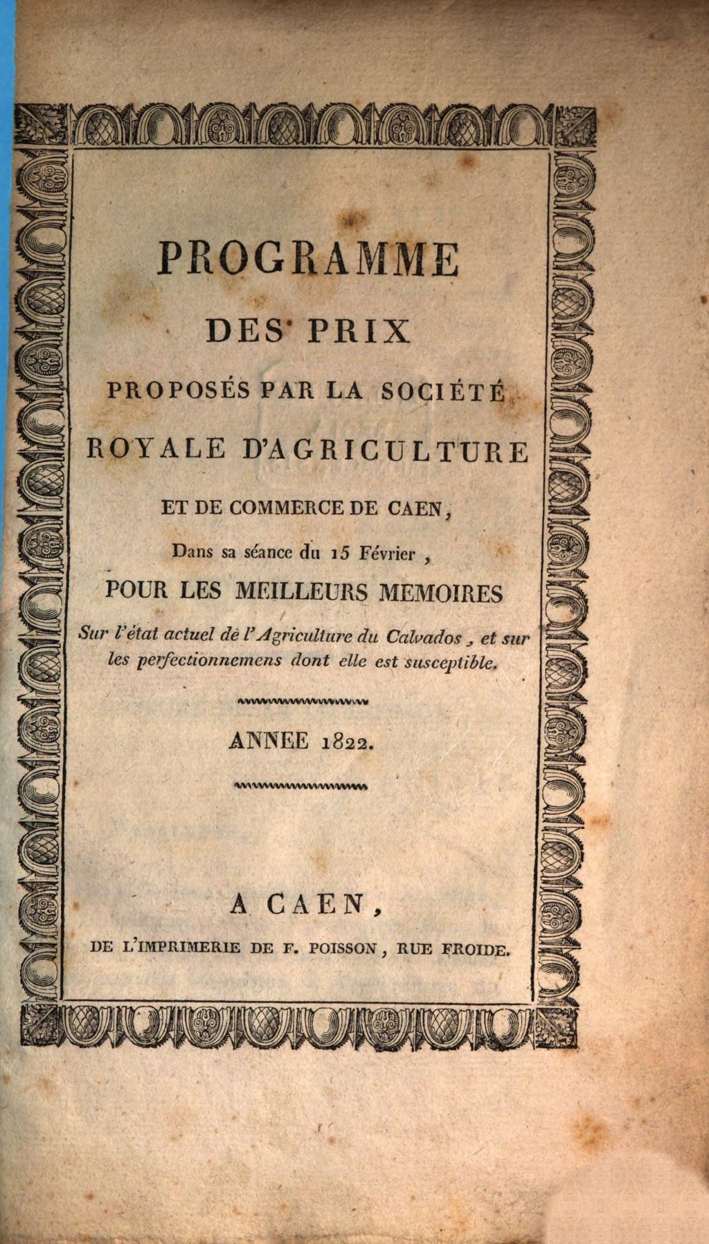 Cover of Programme des prix proposés par la Societé royale d'agriculture et de commerce de Caen dans sa séance du 15 Février