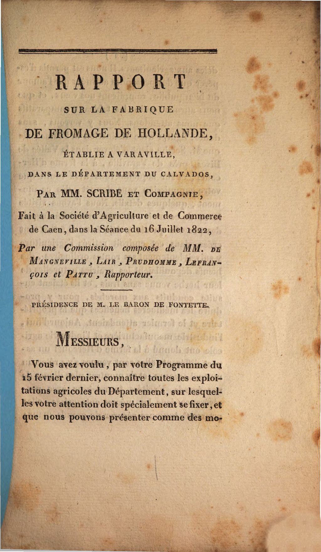Cover of Rapport sur la fabrique de fromage de Hollande, établie à Varaville, dans le département du Calvados, par MM. Scribe et compagnie