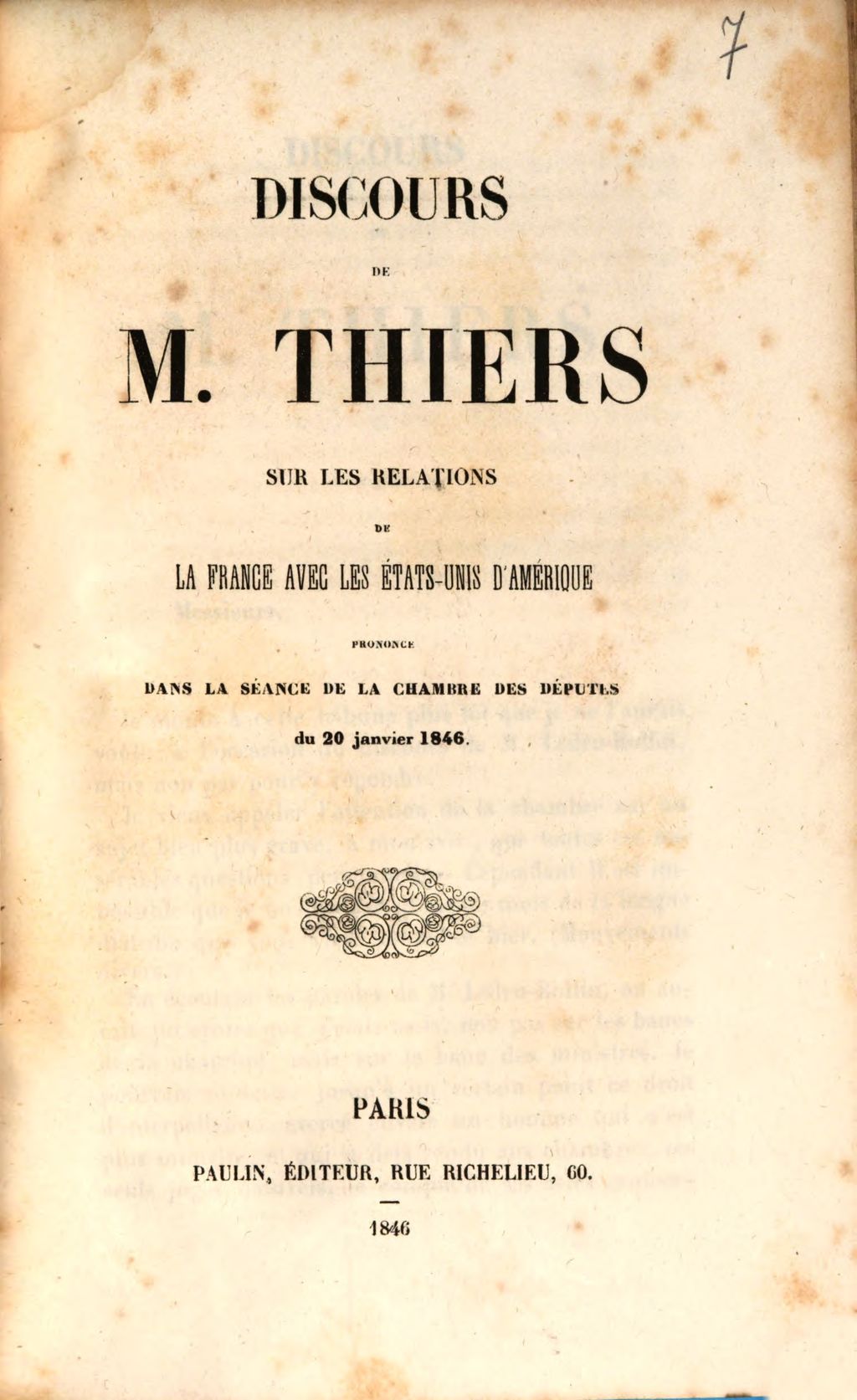 Cover of Discours... sur les relations de la France avec les États-Unis d'Amérique, prononcé dans la Séance de la Chambre des Deputés du 20 janvier 1846
