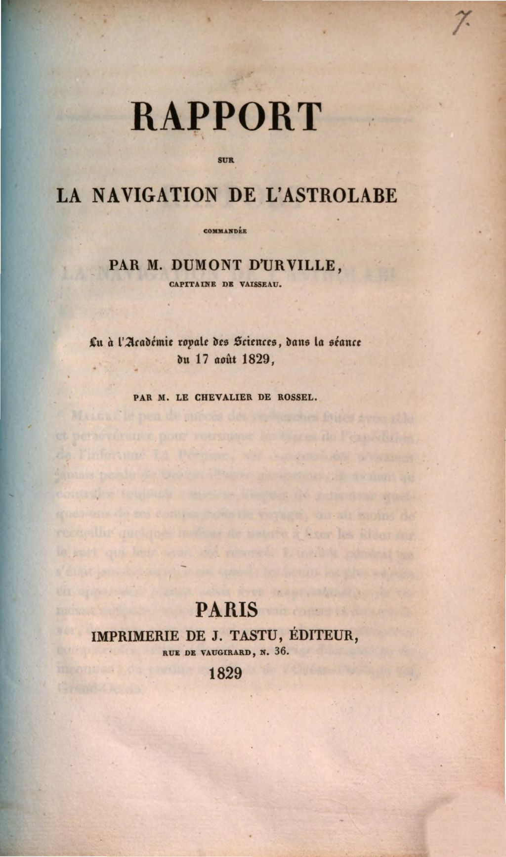 Cover of Rapport sur la navigation de l'Astrolabe, commandée par M. Dumont D'Urville