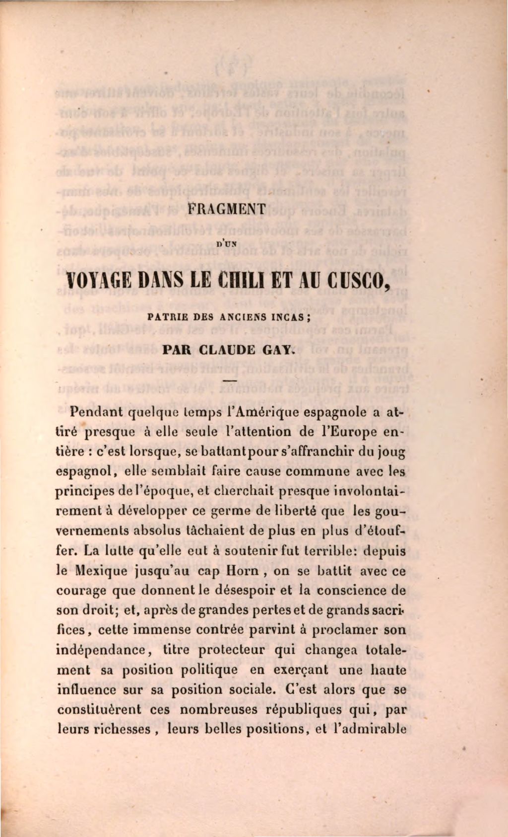 Cover of Fragment d'un voyage dans le Chili et au Cusco, patrie des anciens Incas