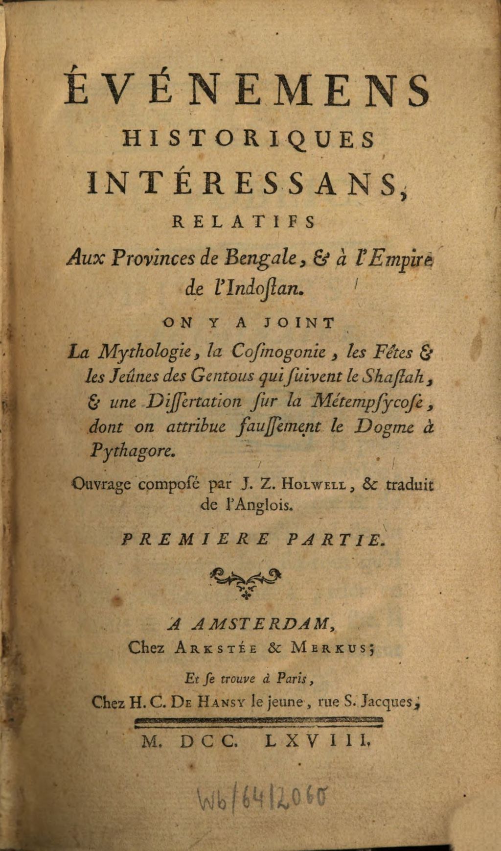 Cover of Événémens historiques interessans relatifs aux provinces de Bengale, & à l'Empire de l'Indostan
