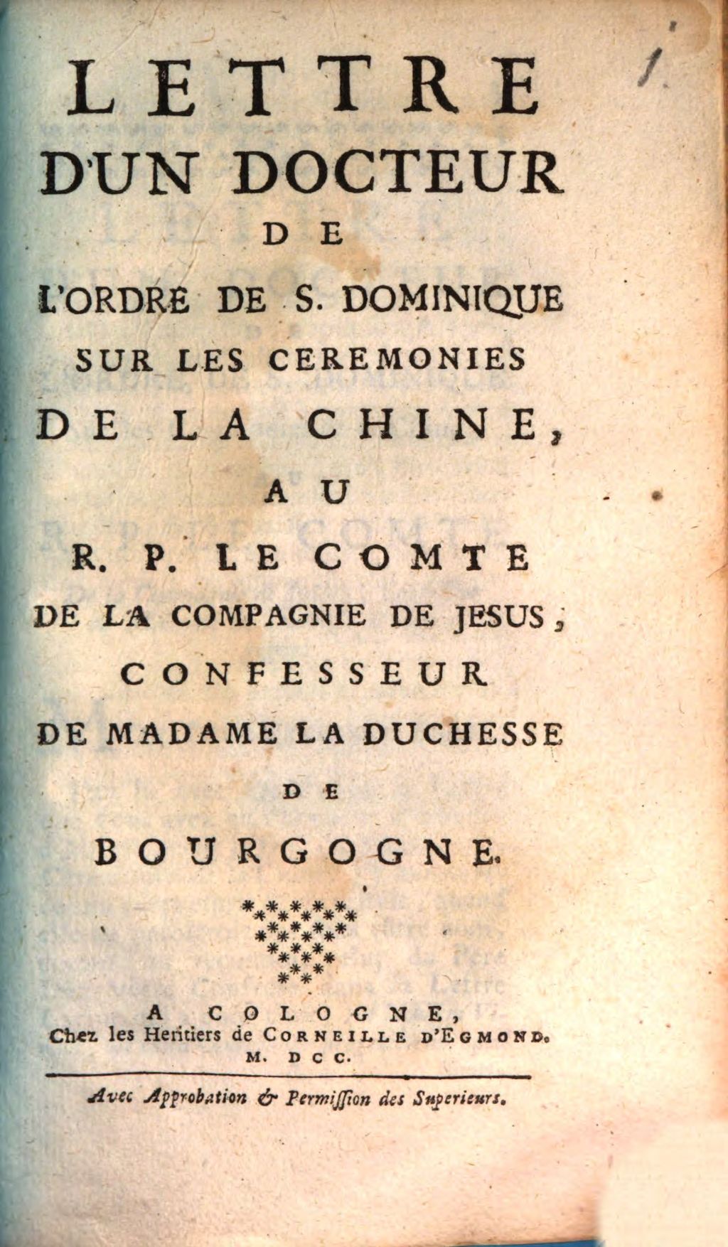 Cover of Lettre D'Un Docteur De L'Ordre De S. Dominique Sur Les Ceremonies De La Chine, Au R. P. Le Comte De La Compagnie De Jesus, Confesseur De Madame La Duchesse De Bourgogne