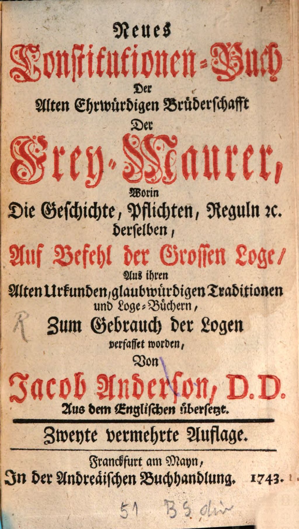 Cover of Neues Constitutionen-Buch Der Alten Ehrwürdigen Brüderschafft Der Frey-Maurer