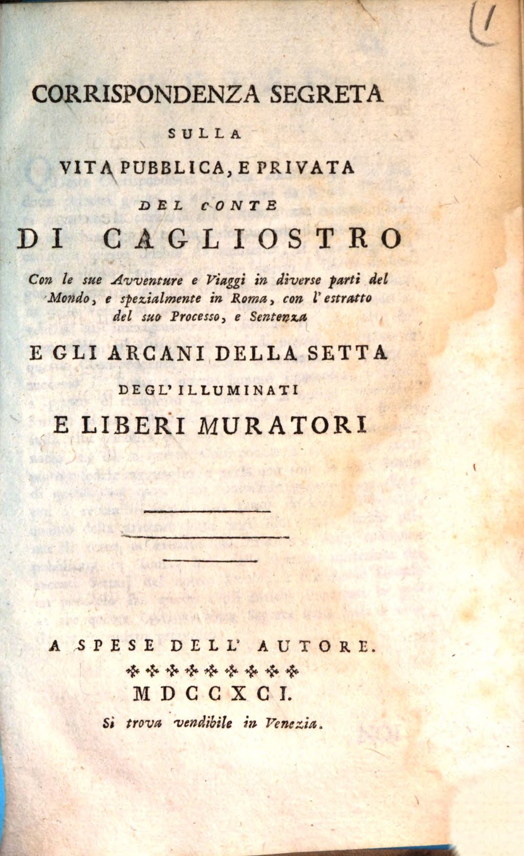 Cover of Corrispondenza segreta sulla vita publica e privata del Conte di Cagliostro ... e gli ariani della setta de gl'Illuminati e liberi muratori