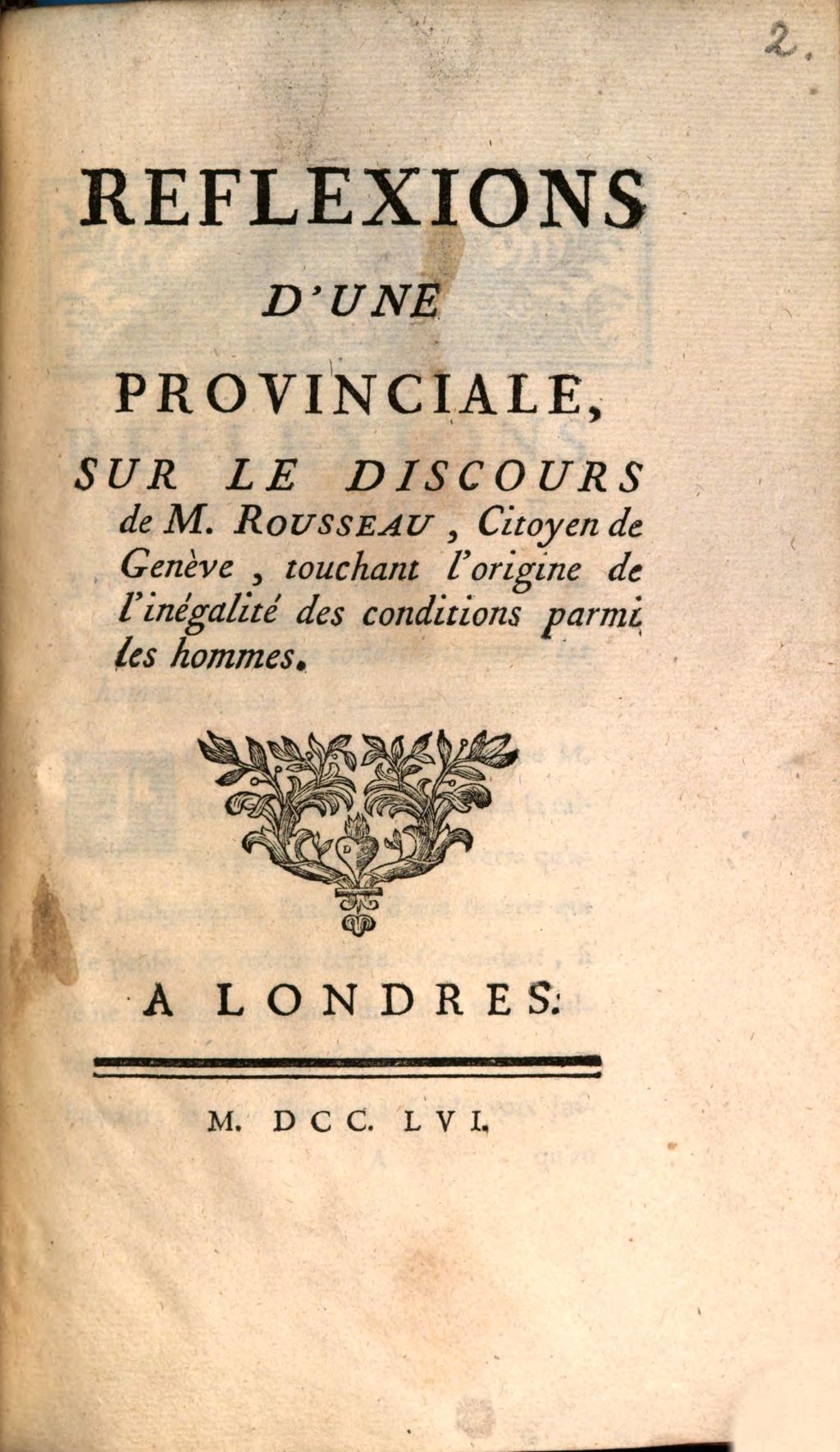 Cover of Réflexions d'une Provinciale sur le Discours de Rousseau ... touchant l'origine de l'Inégalité des Conditions parmi les hommes
