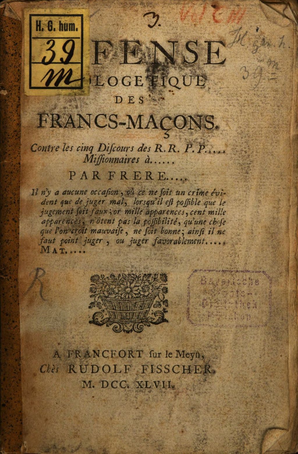 Cover of Defense Apologetique Des Francs-Maçons. Contre les cinq Discours des R. R. P. P. .... Missionnaires à