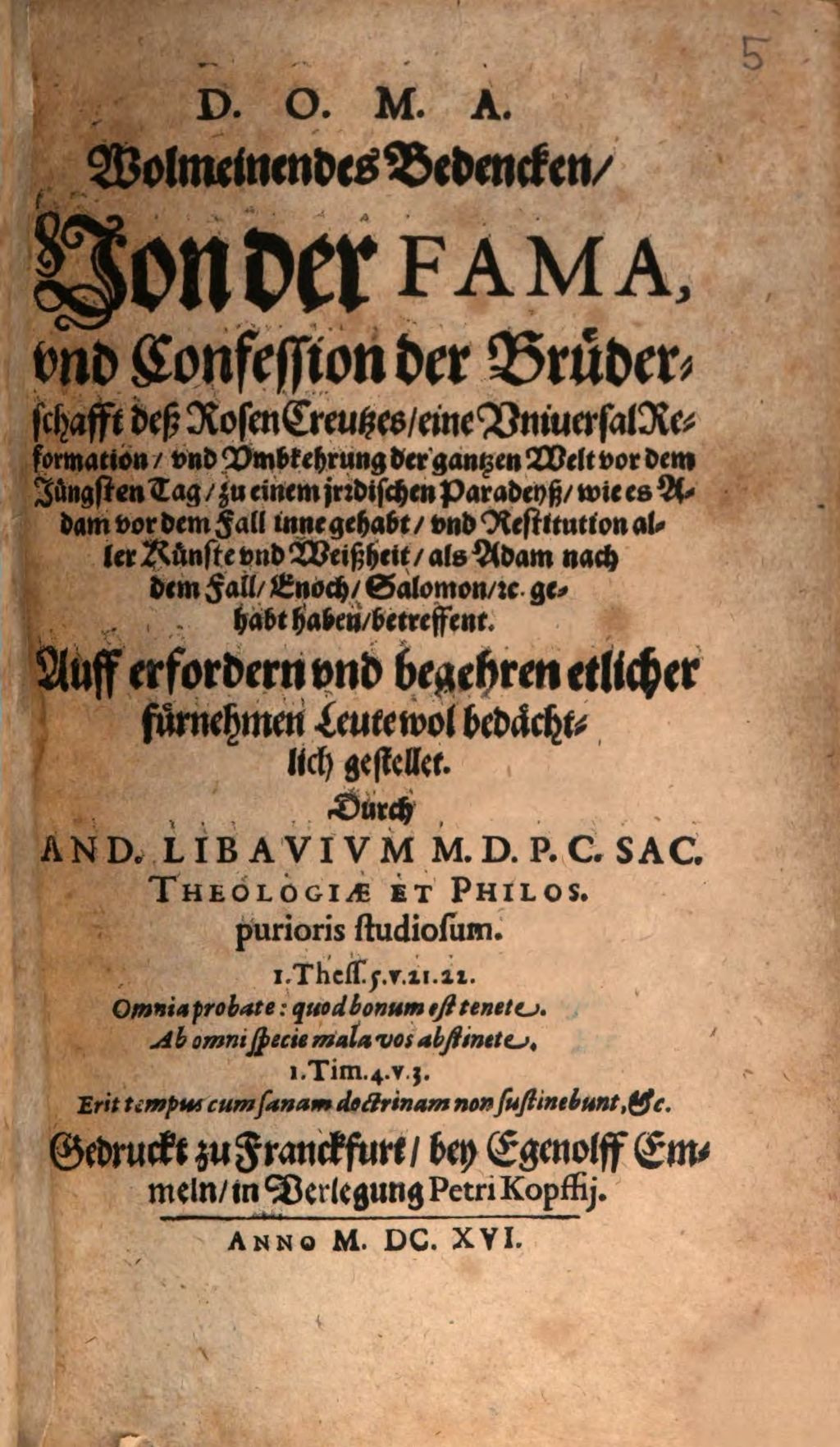 Cover of Wolmeinendes Bedenken von der Fama und Confession der Brüderschafft des Rosen-Creutzes