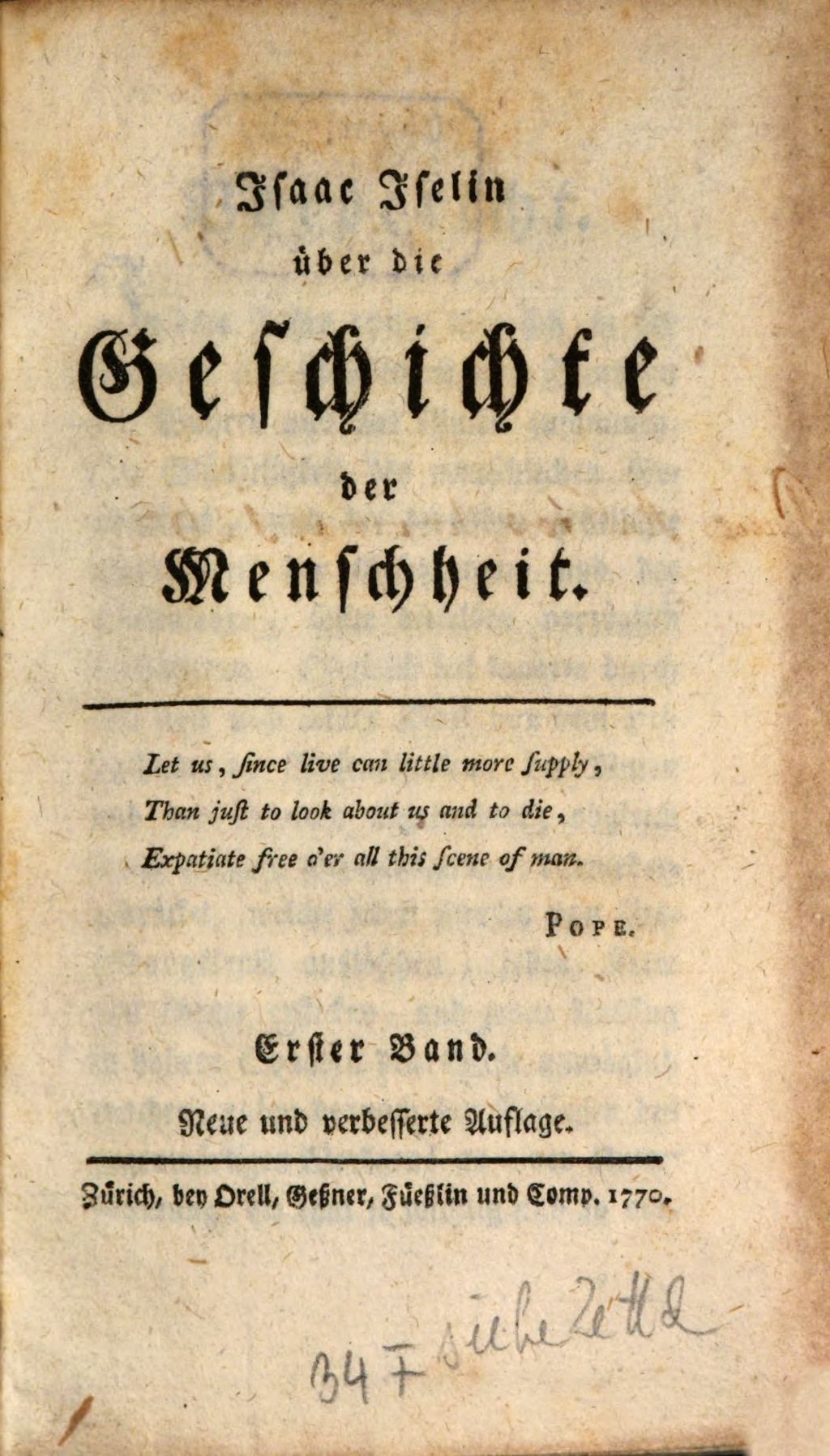 Cover of Isaac Iselin über die Geschichte der Menschheit. 1