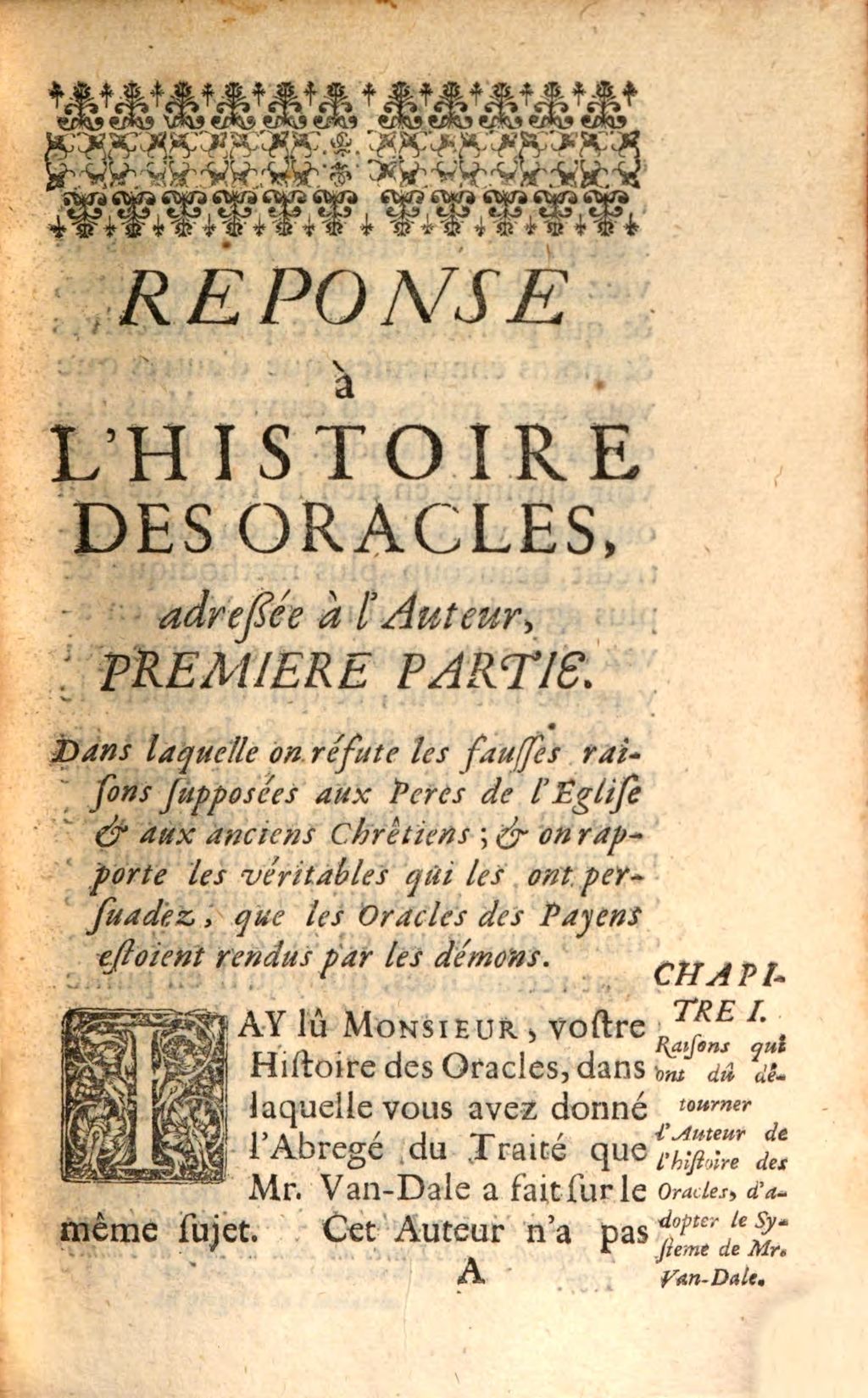 Cover of Réponse à l'histoire des oracles de Mr. De Fontenelle de l'Academie Francoise