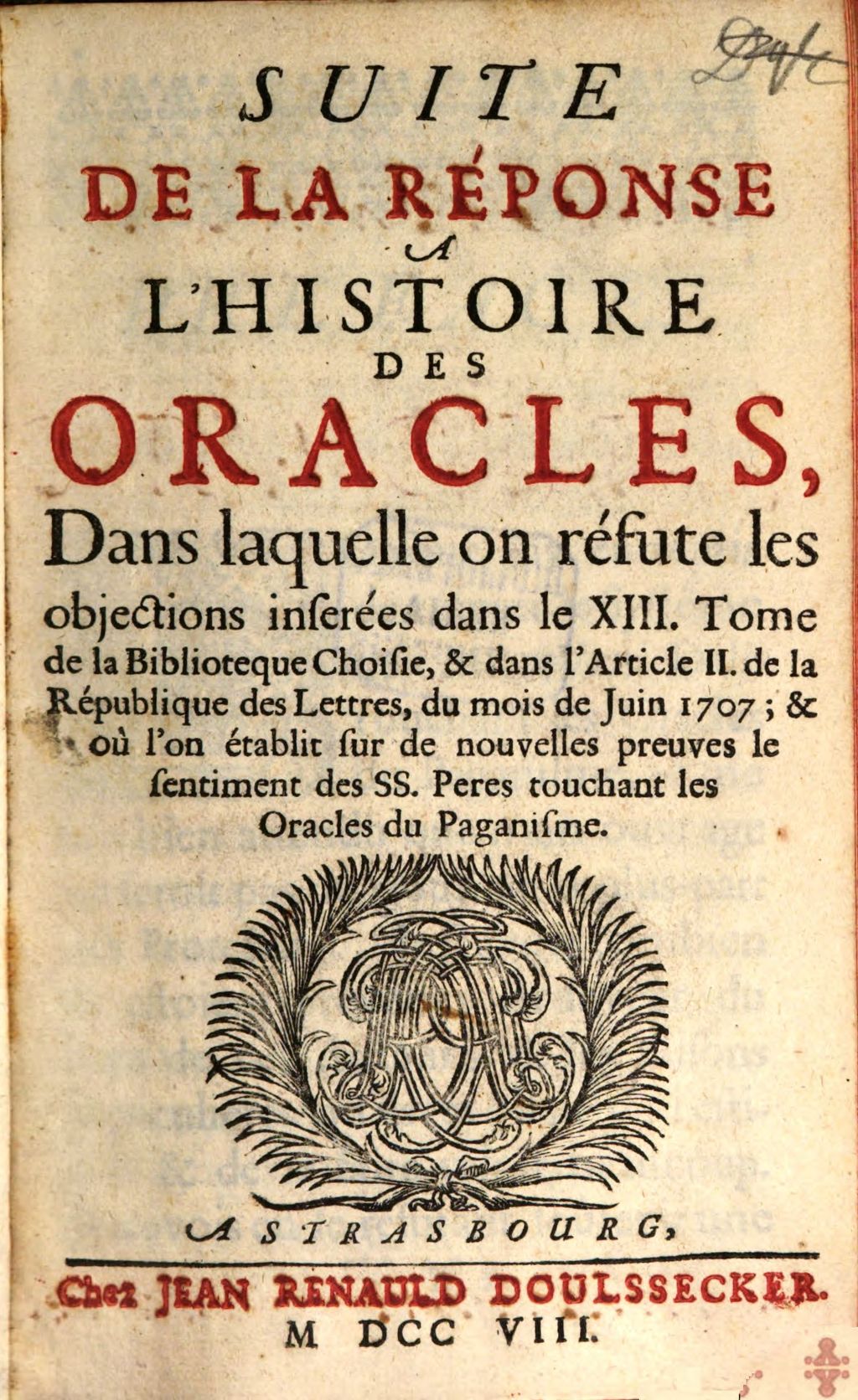 Cover of Suite de la Réponse a l'Histoire des oracles