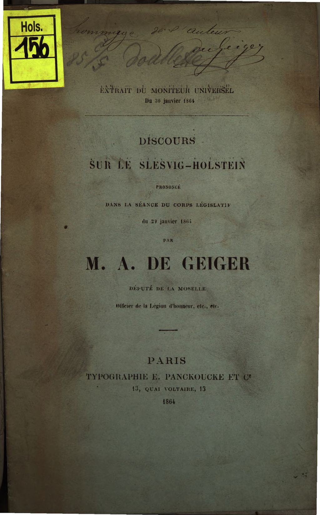 Cover of Discours sur le Slesvig-Holstein prononcé dans la séance du Corps Legislatif du 29 Janvier 1864 par M. A. de Geiger, Député de la Moselle