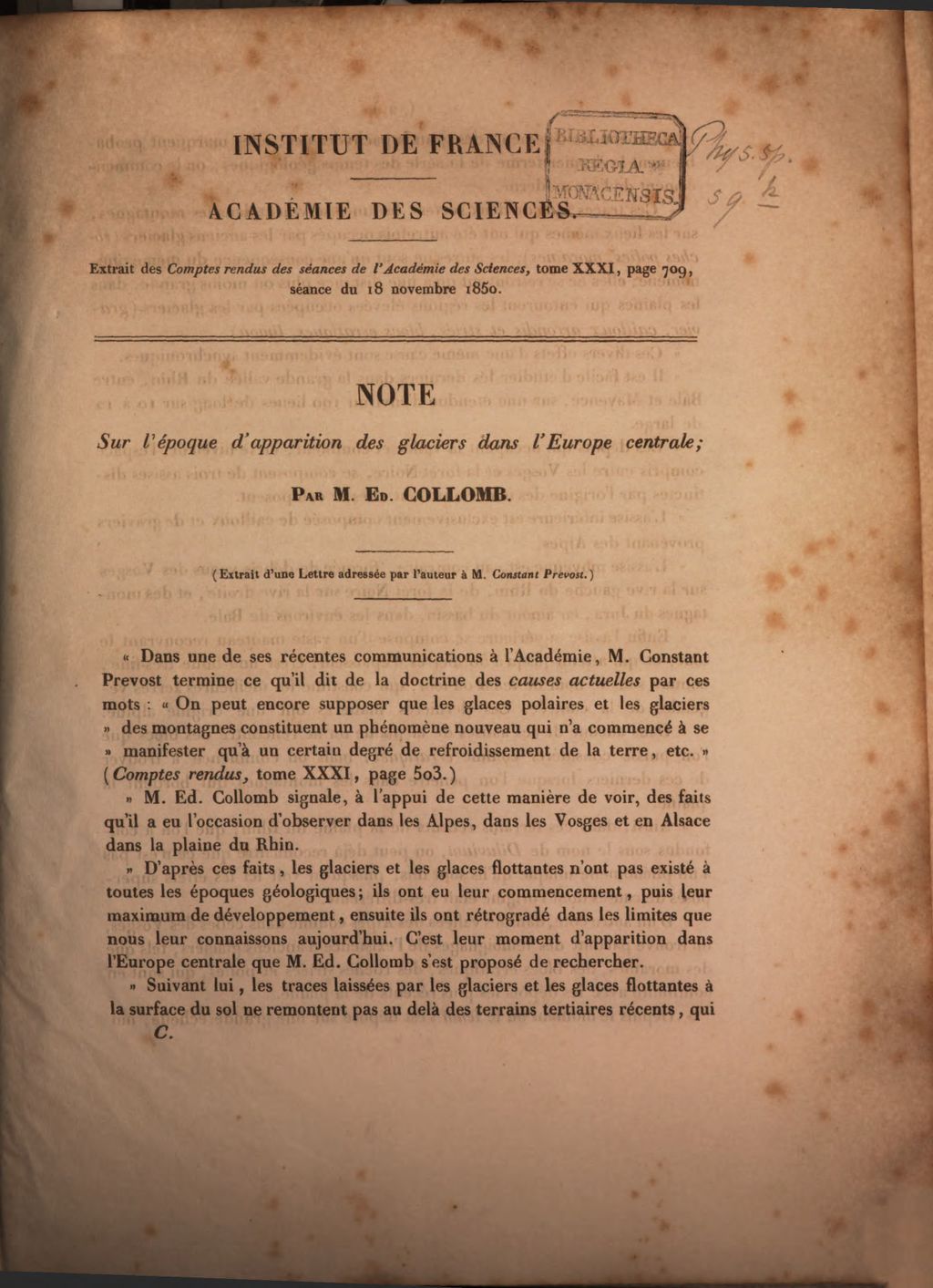 Cover of Note sur l'époque d'apparition des glaciers dans l'Europe centrale