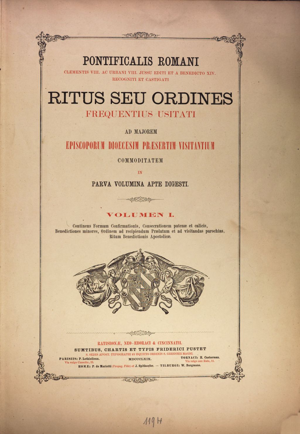 Cover of Pontificalis Romani Clementis VIII. ac Urbani VIII. jussu editi et a Benedicto XIV. recogniti et castigati Ritus seu Ordines frequentius usitati