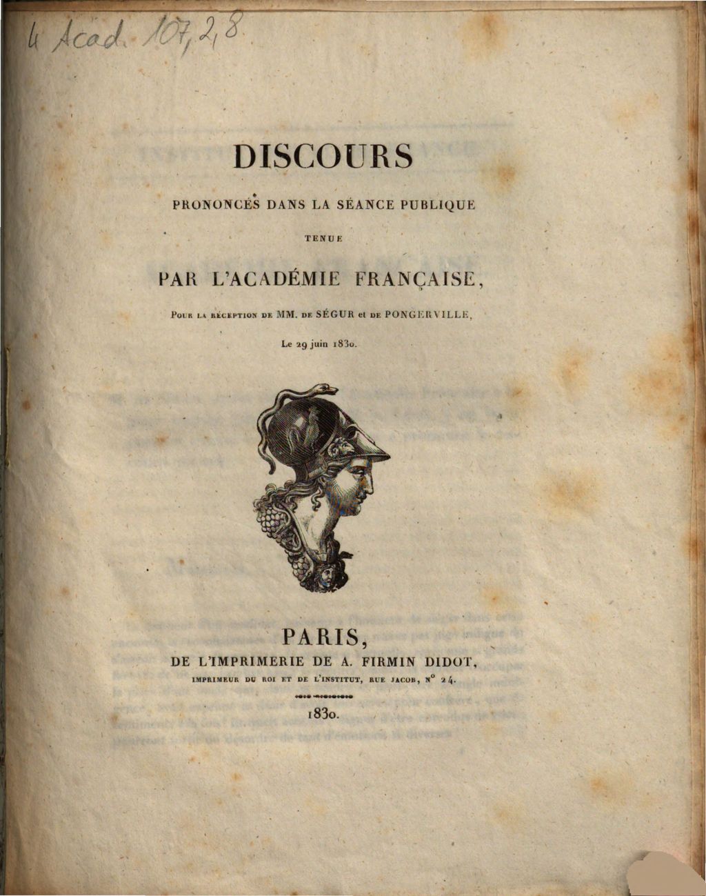 Cover of Discours prononcés dans la séance publique tenue par l'Académie française, pour la réception de MM. de Ségur et de Pongerville, le 29 juin 1830