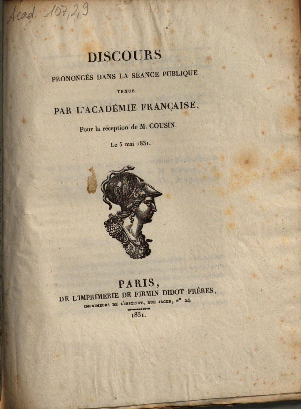 Cover of Discours prononcés dans la séance publique tenue par l'Académie française, pour la réception de M. Cousin, le 5 mai 1831