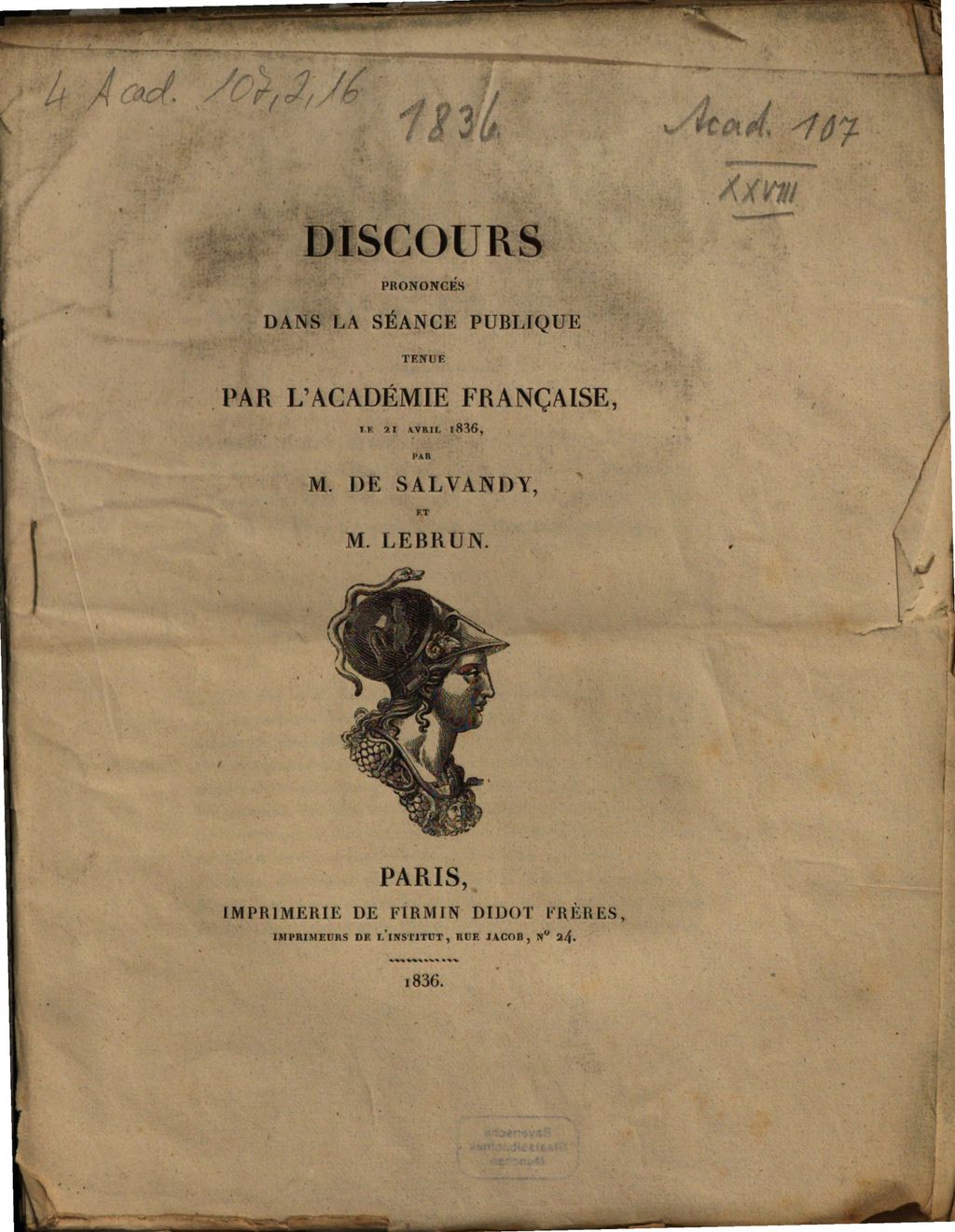 Cover of Discours prononcés dans la séance publique tenue par l'Académie française, le 21 avril 1836