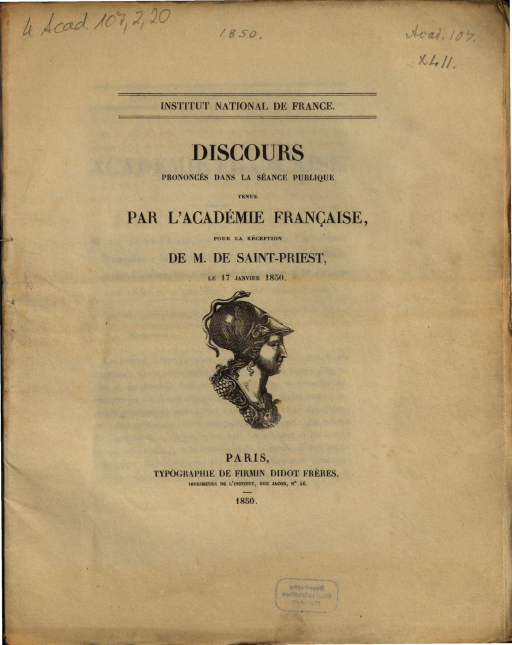 Cover of Discours prononcés dans la séance publique tenue par l'Académie française, pour la réception de M. de Saint-Priest, le 17 janvier 1850